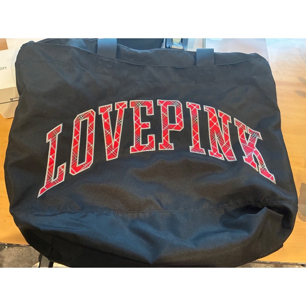 Victoria's Secret PINK Black Canvas Tote Bag Red Plaid Glitter Logo Zippered Y2k